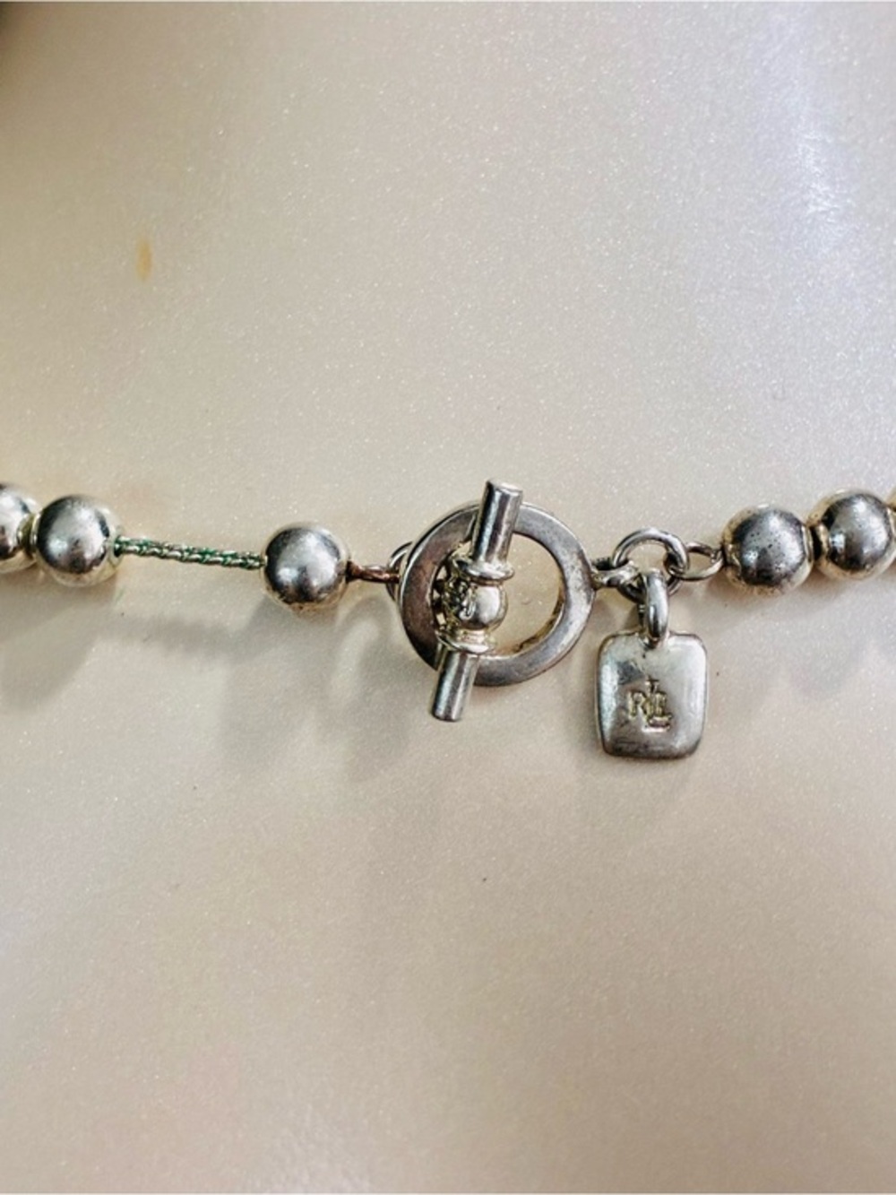 VTG Lauren Ralph Lauren Silver Plated Classic Beaded Toggle Necklace Signed 82g